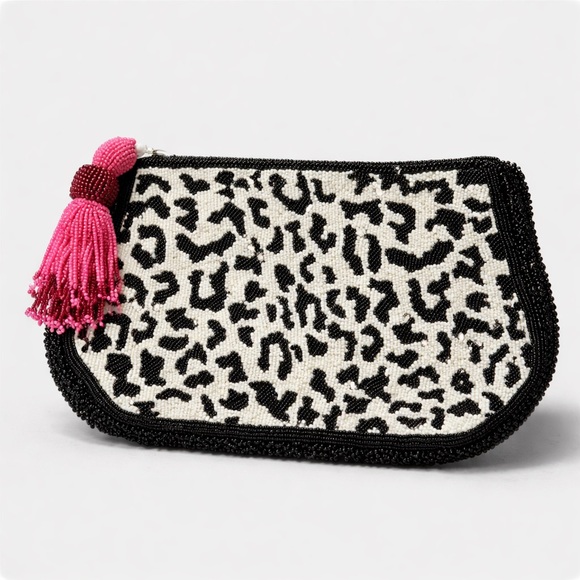 Anthropologie Fully Beaded Zebra Print Clutch Black White With Pink Tassel NWT - Picture 1 of 12